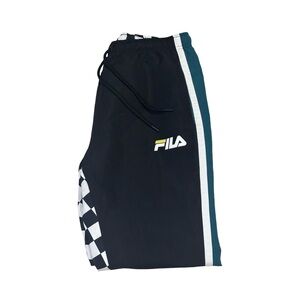 FILA waterproof pants with black and white checkered pattern and green stripes